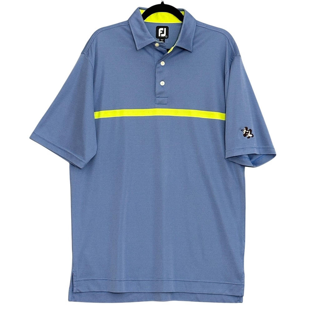 FootJoy Mens Large Blue Neon Yellow Stripe Performance Golf Polo Shirt FJ Logo